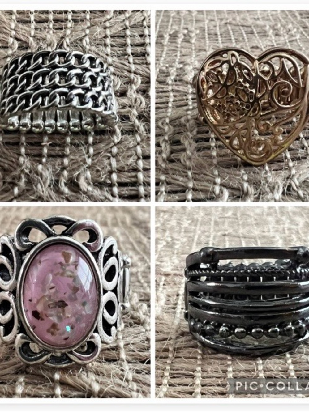 Lot of 4 Women's Fashion Rings Silver, Gun Metal & Gold Tone Rhinestone Stretch